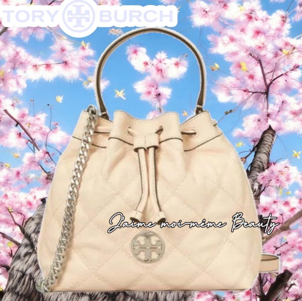 Tory Burch Cream Quilted Bucket Bag With Silver Hardware
